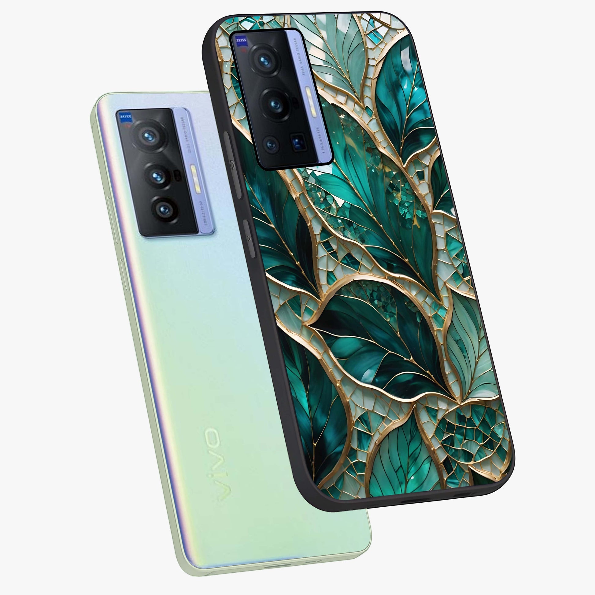 Emerald Leaf Glass Glass Case displayed in angled mockup highlighting botanical leaf illustration with elegant natural aesthetic.
