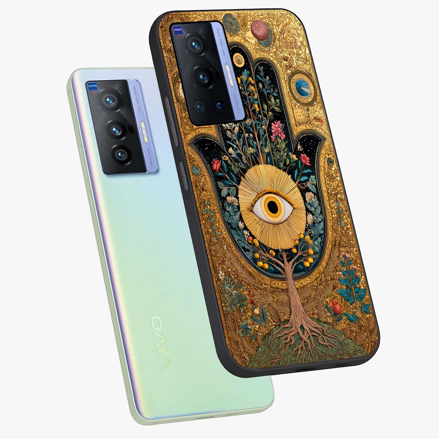 Ethereal Evil Eye Glass Case displayed in angled mockup highlighting protective evil eye symbol with spiritual aesthetic design.