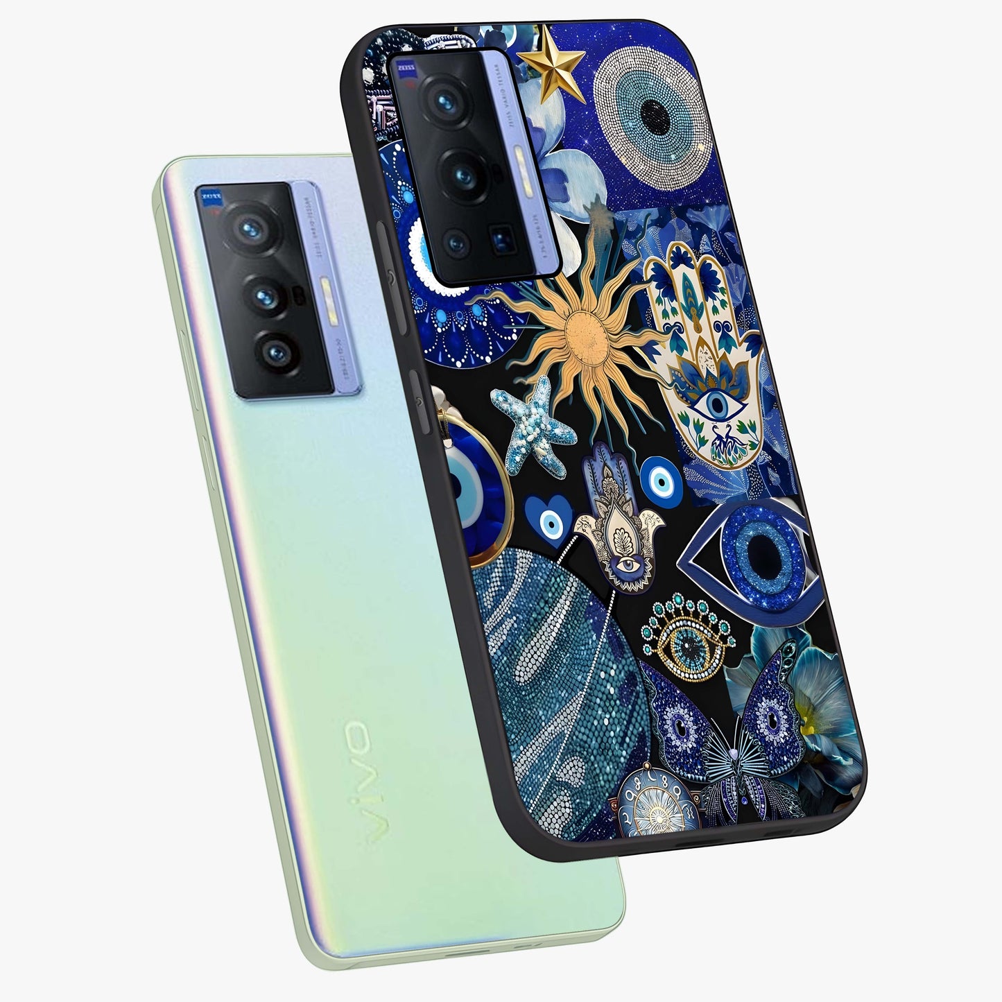 Evil Eye Charm Mix Glass Case displayed in angled mockup highlighting protective evil eye symbols with spiritual aesthetic design.