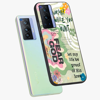 Faith Over Fear Glass Case displayed in angled mockup highlighting inspirational message design with modern aesthetic style.