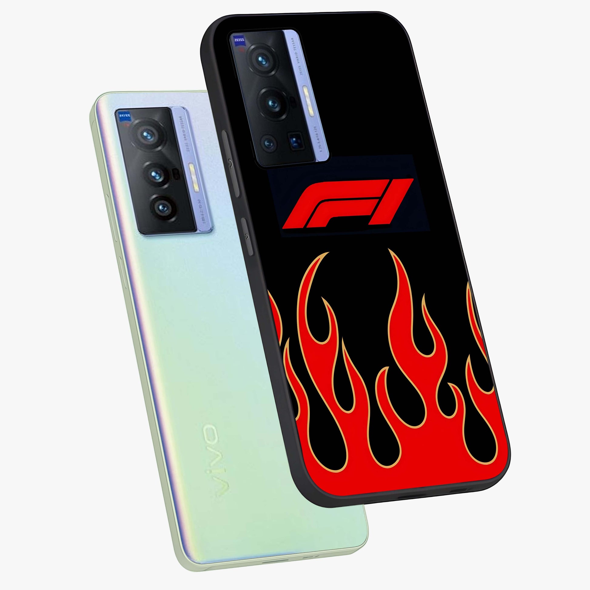 Fire F11 Glass Case displayed in angled mockup highlighting bold fire inspired graphic with energetic aesthetic style.