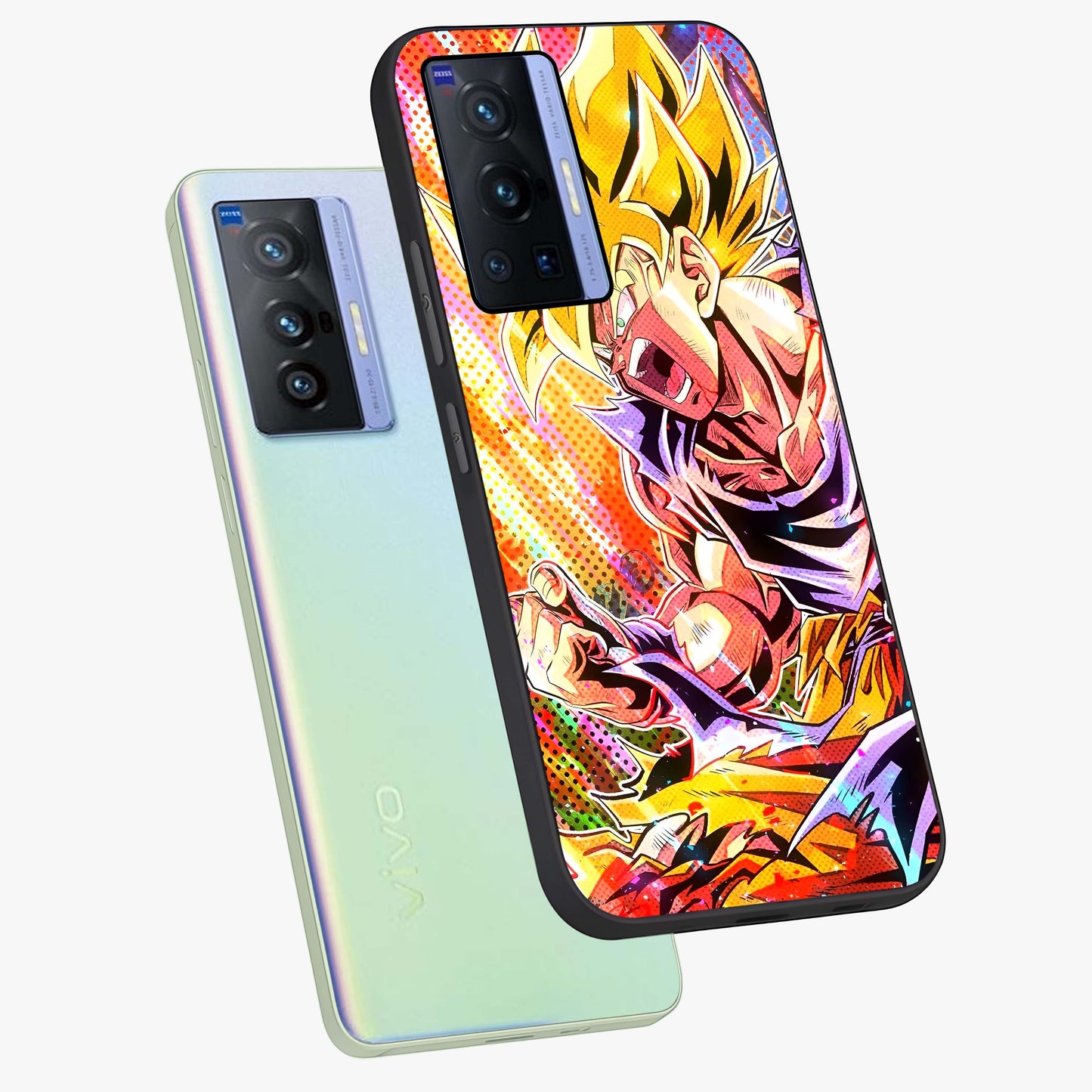 Firing Goku Glass Case displayed in angled mockup highlighting dynamic anime character design with action aesthetic.