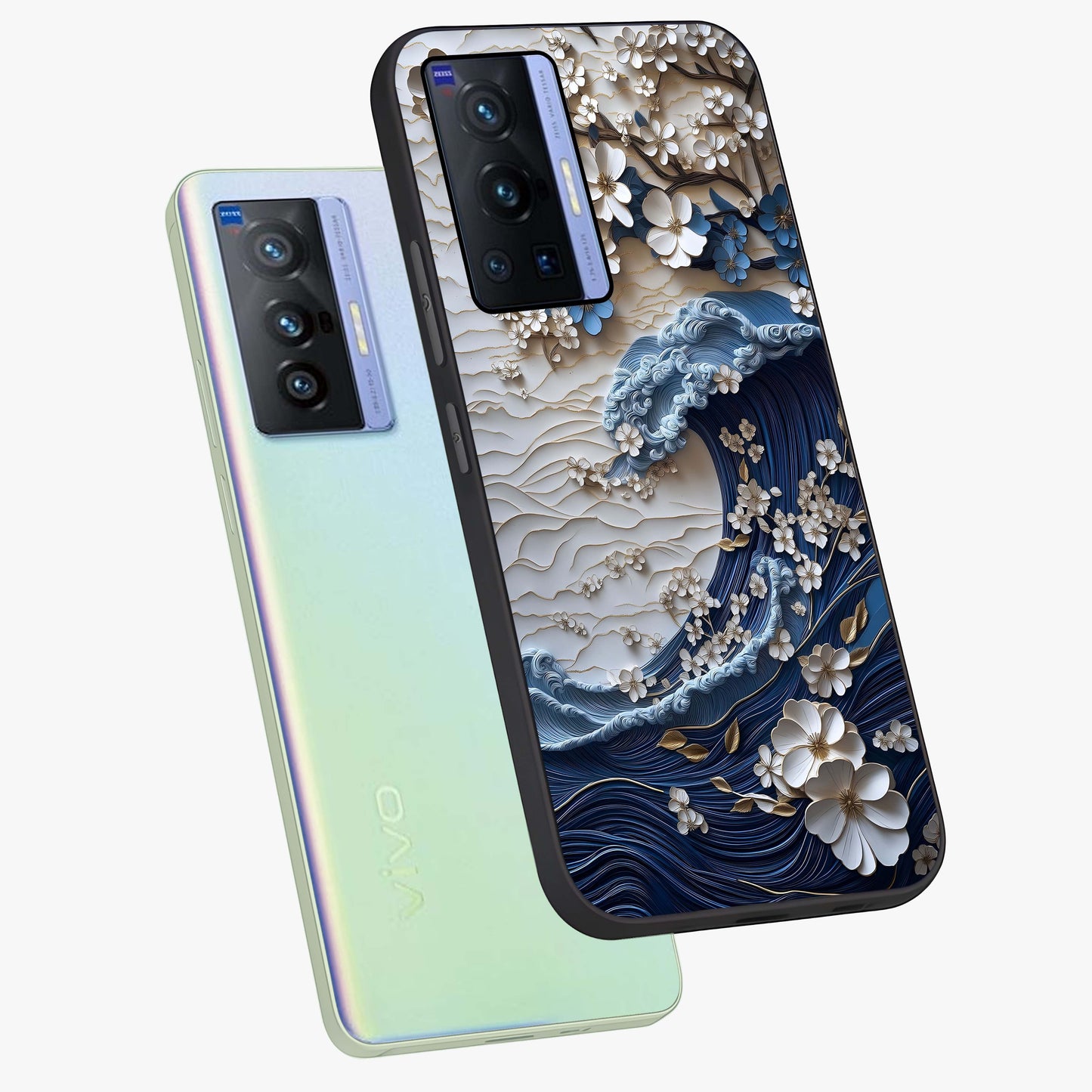 Floral Wave Origami Glass Case displayed in angled mockup highlighting geometric origami flower design with modern aesthetic style.