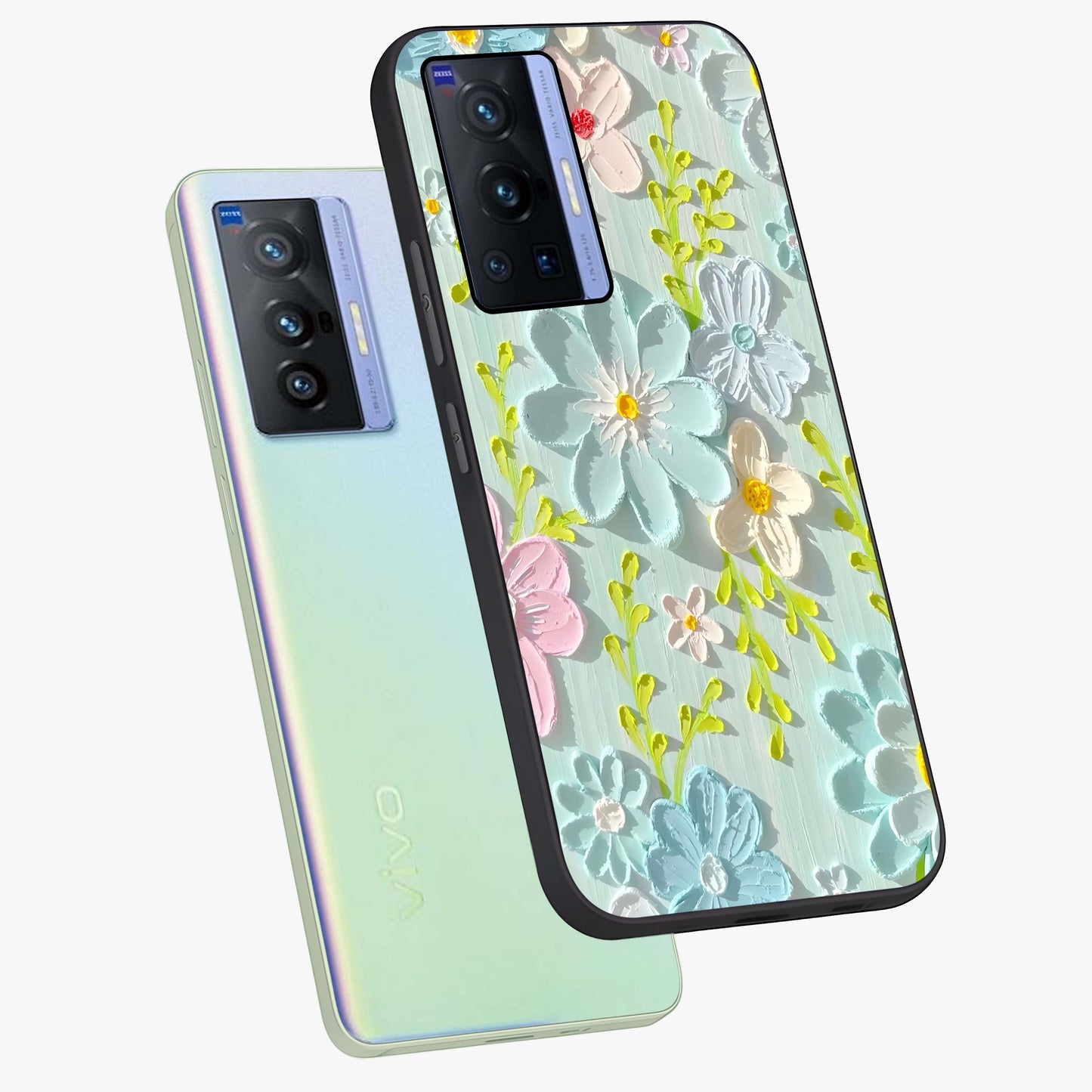 Frosted Petal Garden Glass Case displayed in angled mockup highlighting delicate flower petal design with calm garden aesthetic.
