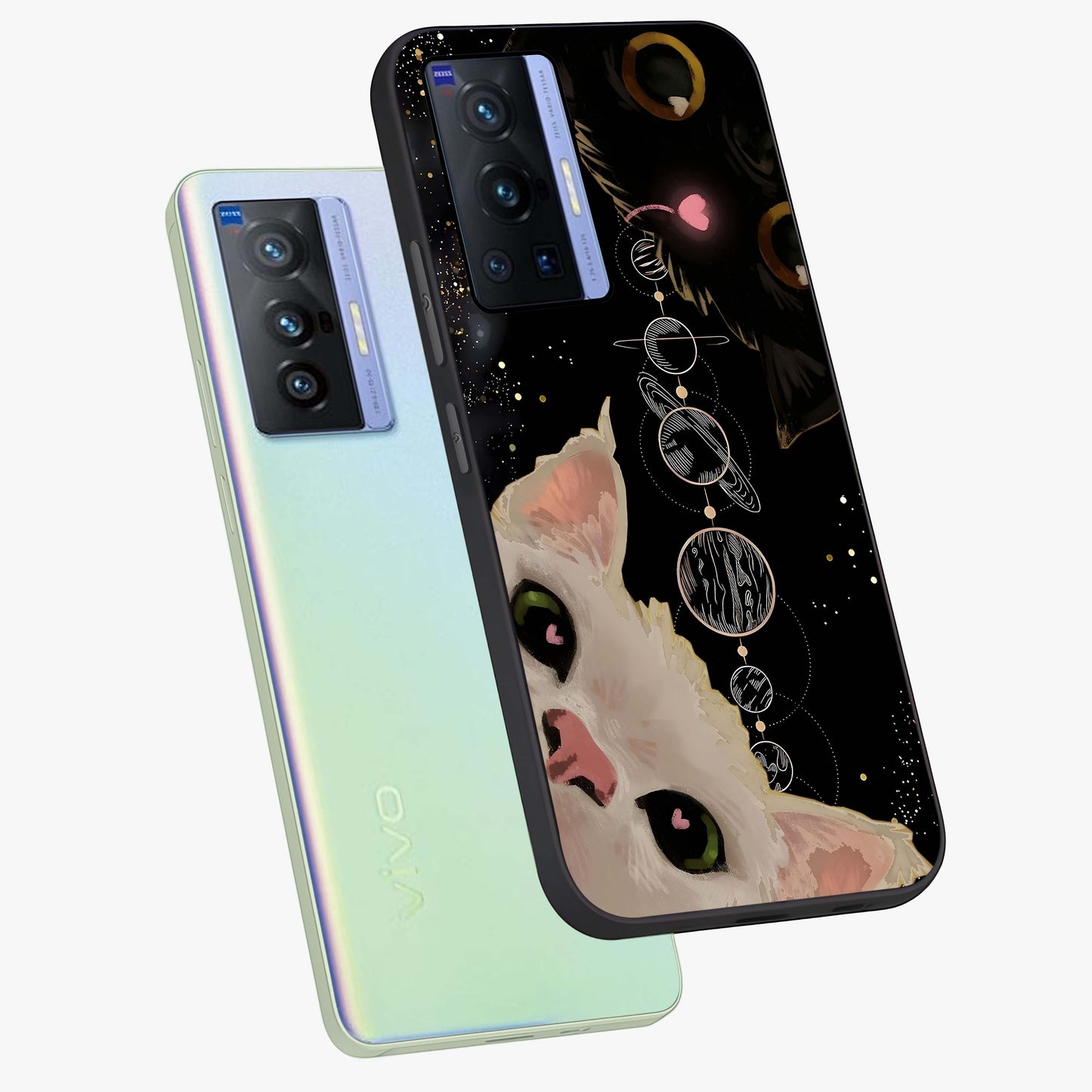 Galactic Cat Glass Case displayed in angled mockup highlighting celestial feline illustration with galaxy aesthetic style.