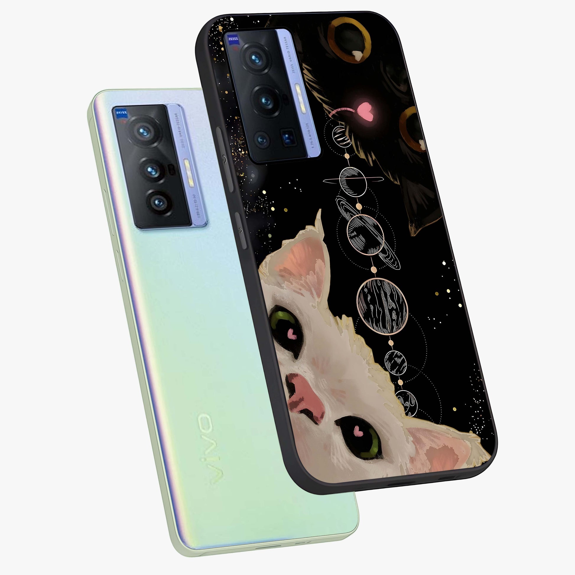 Galactic Cat Glass Case displayed in angled mockup highlighting celestial feline illustration with galaxy aesthetic style.