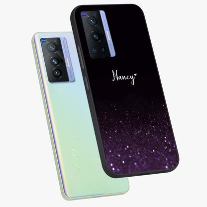 Glittery Purple Bokeh Custom Name Glass Case displayed in angled mockup highlighting glitter bokeh pattern with custom name feature.