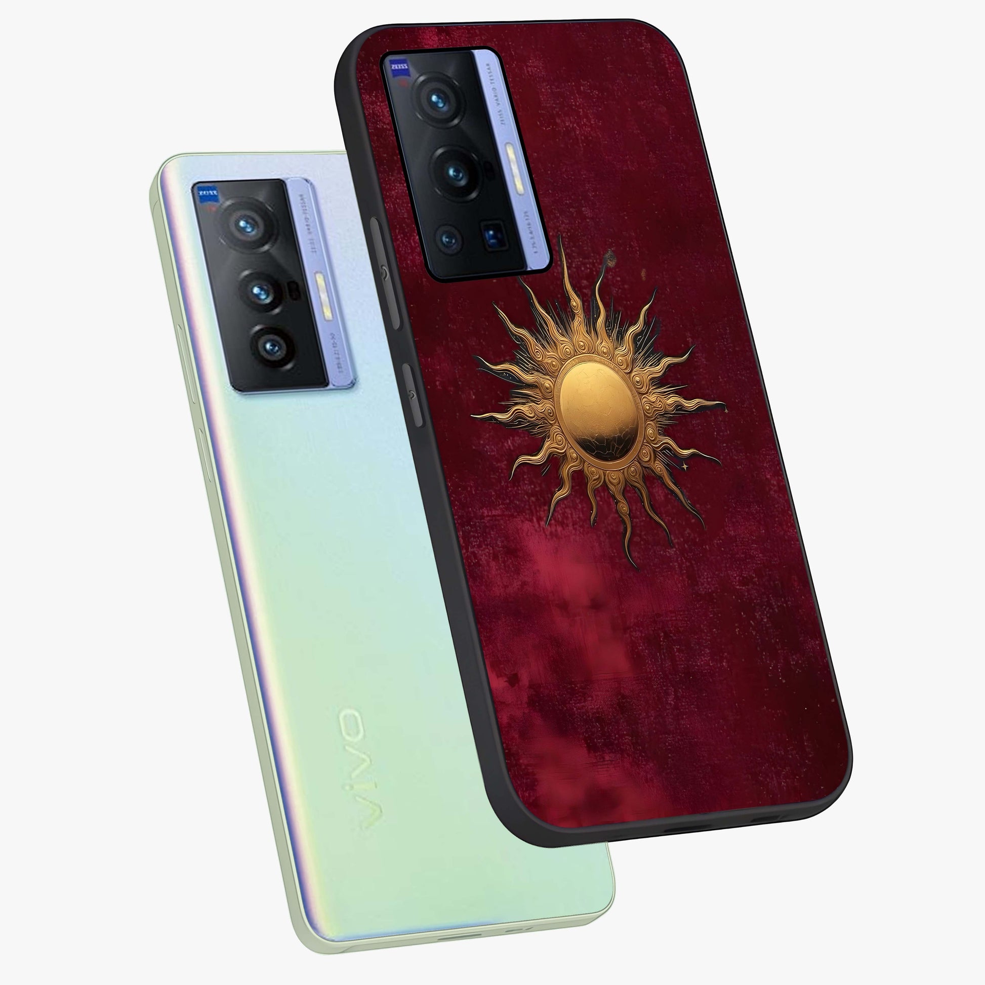 Golden Sun Minimalism Glass Case displayed in angled mockup highlighting clean sun symbol design with modern minimal aesthetic.
