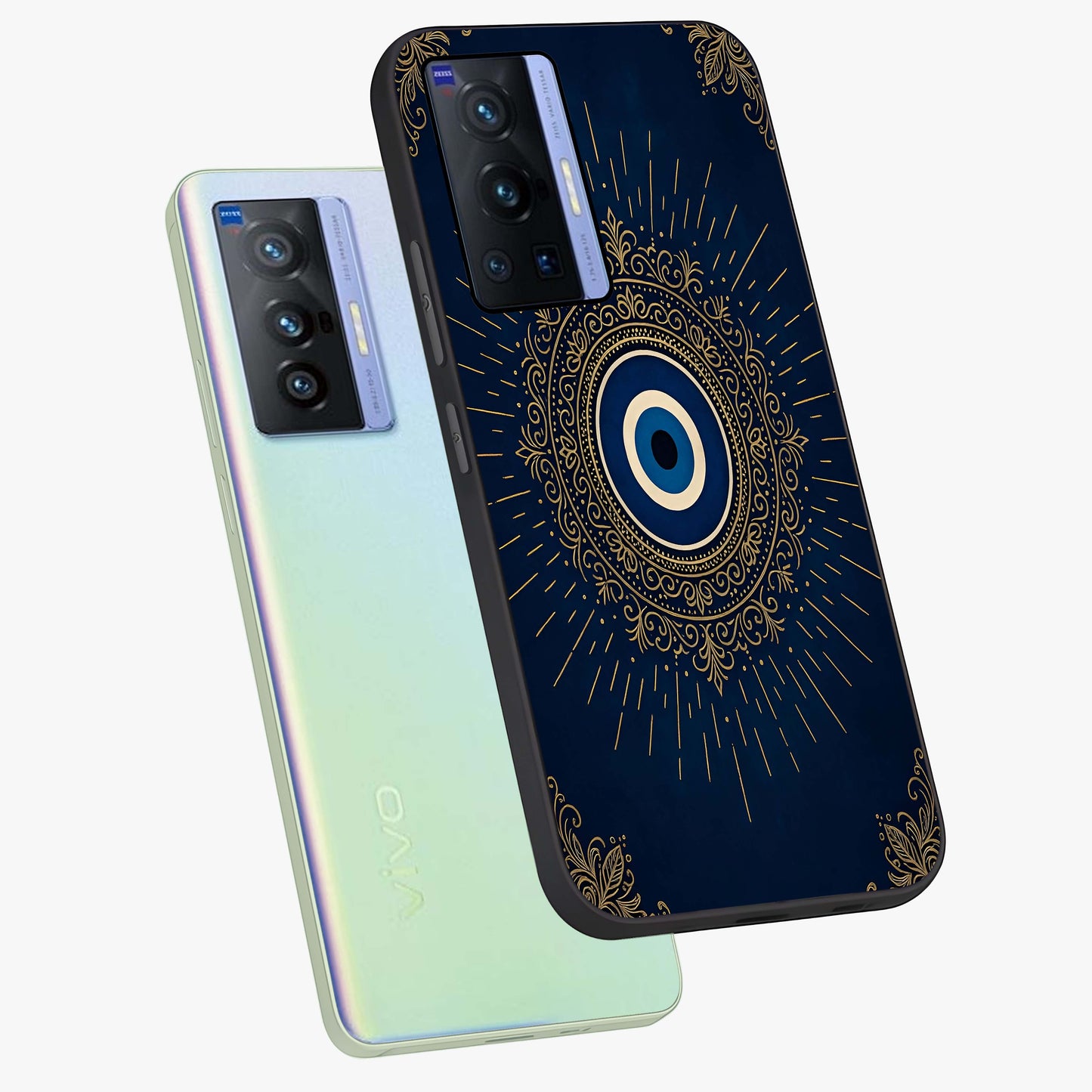 Golden Celestial Charm Glass Case displayed in angled mockup highlighting sparkling cosmic charm design with celestial aesthetic.