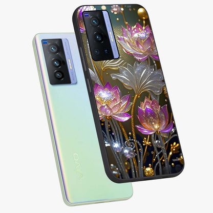 Golden Floral Majesty Glass Case displayed in angled mockup highlighting elegant flower design with royal golden aesthetic.