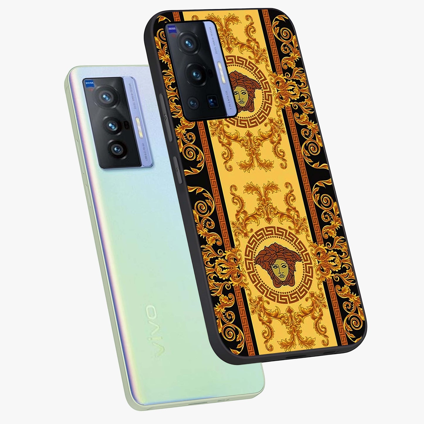 Golden Lotus Glow Glass Case displayed in angled mockup highlighting radiant lotus illustration with spiritual aesthetic.