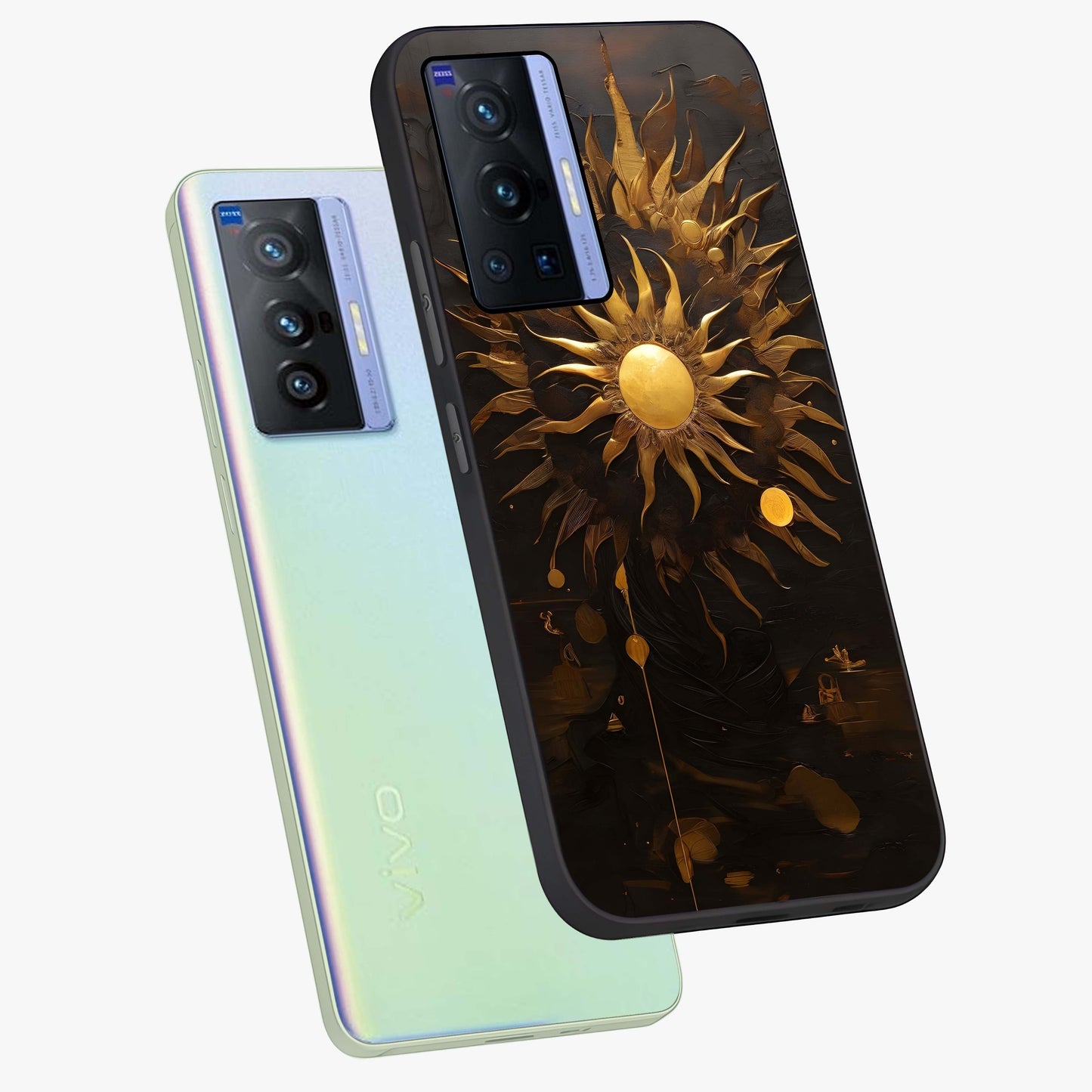 Golden Sun Majesty Glass Case displayed in angled mockup highlighting eerie shadow illustration with gothic aesthetic.
