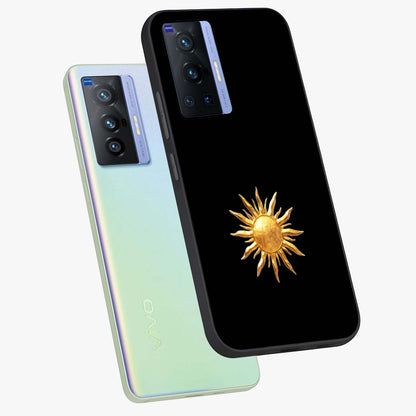 Golden Sun Minimalism Glass Case displayed in angled mockup highlighting eerie shadow illustration with gothic aesthetic.