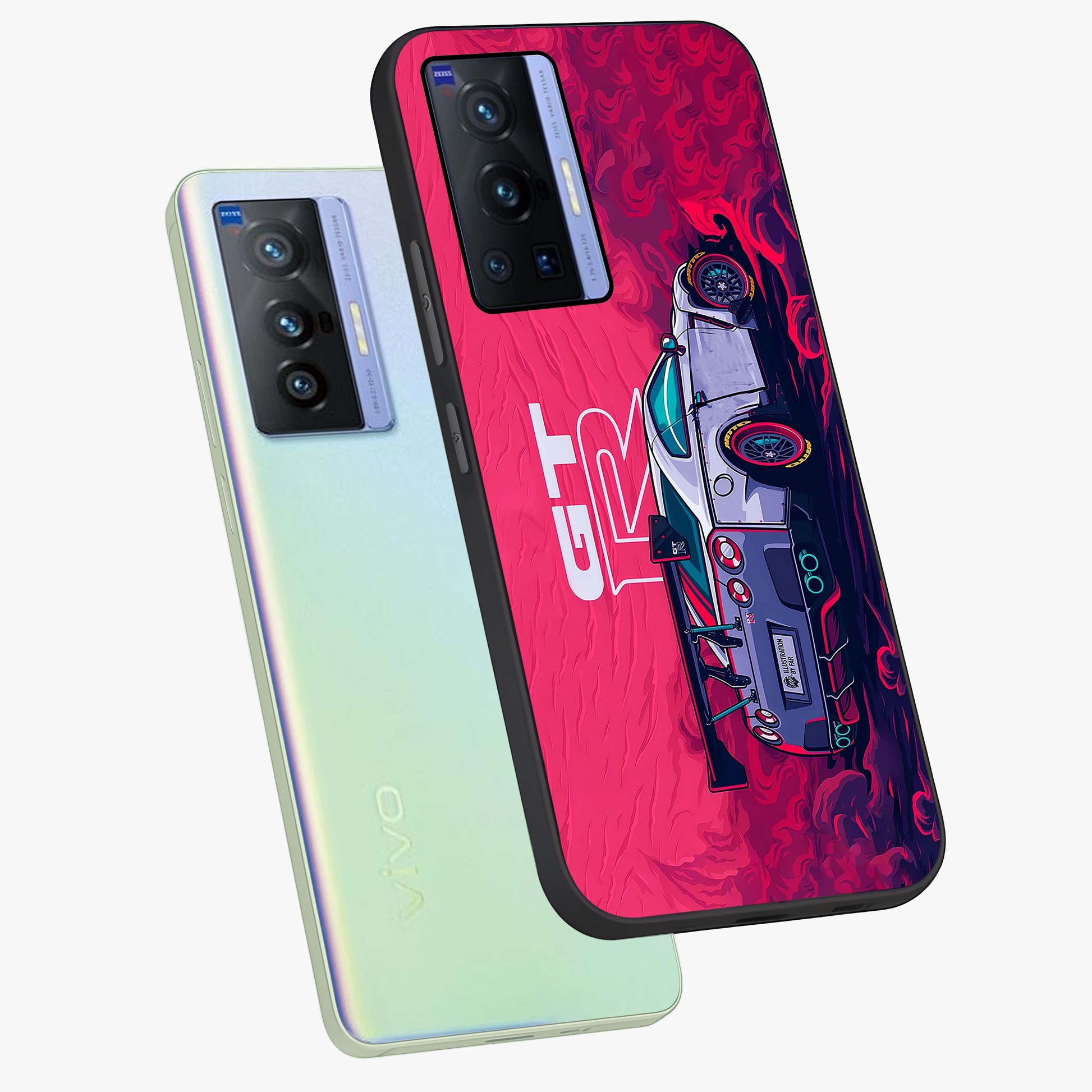 GT-R Car Pattern Glass Case displayed in angled mockup highlighting racing car graphic design with bold automotive aesthetic.