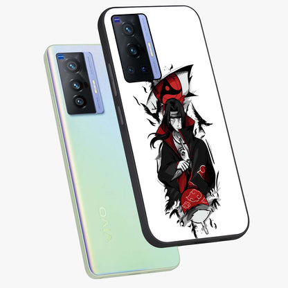 Itachi Limited Edition Naruto Anime Glass Case displayed in angled mockup highlighting dramatic anime illustration with bold action aesthetic.