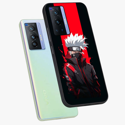 Kakashi Scarlet Shadow Glass Case displayed in angled mockup highlighting dramatic ninja illustration with scarlet themed aesthetic.
