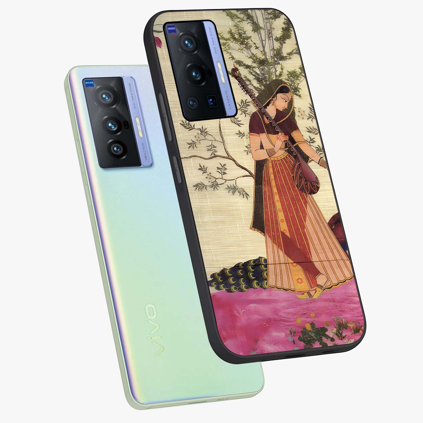 Lady With Veena Art Glass Case displayed in angled mockup highlighting graceful musical illustration with cultural artistic aesthetic.