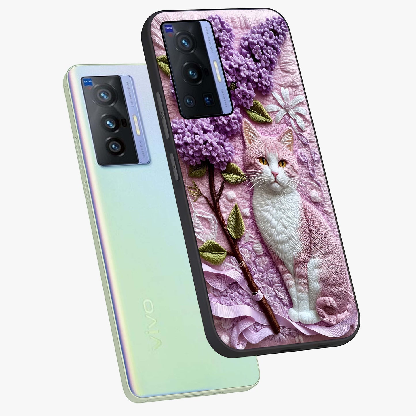 Lavender Cat Whimsy Glass Case displayed in angled mockup highlighting playful feline illustration with pastel lavender aesthetic.