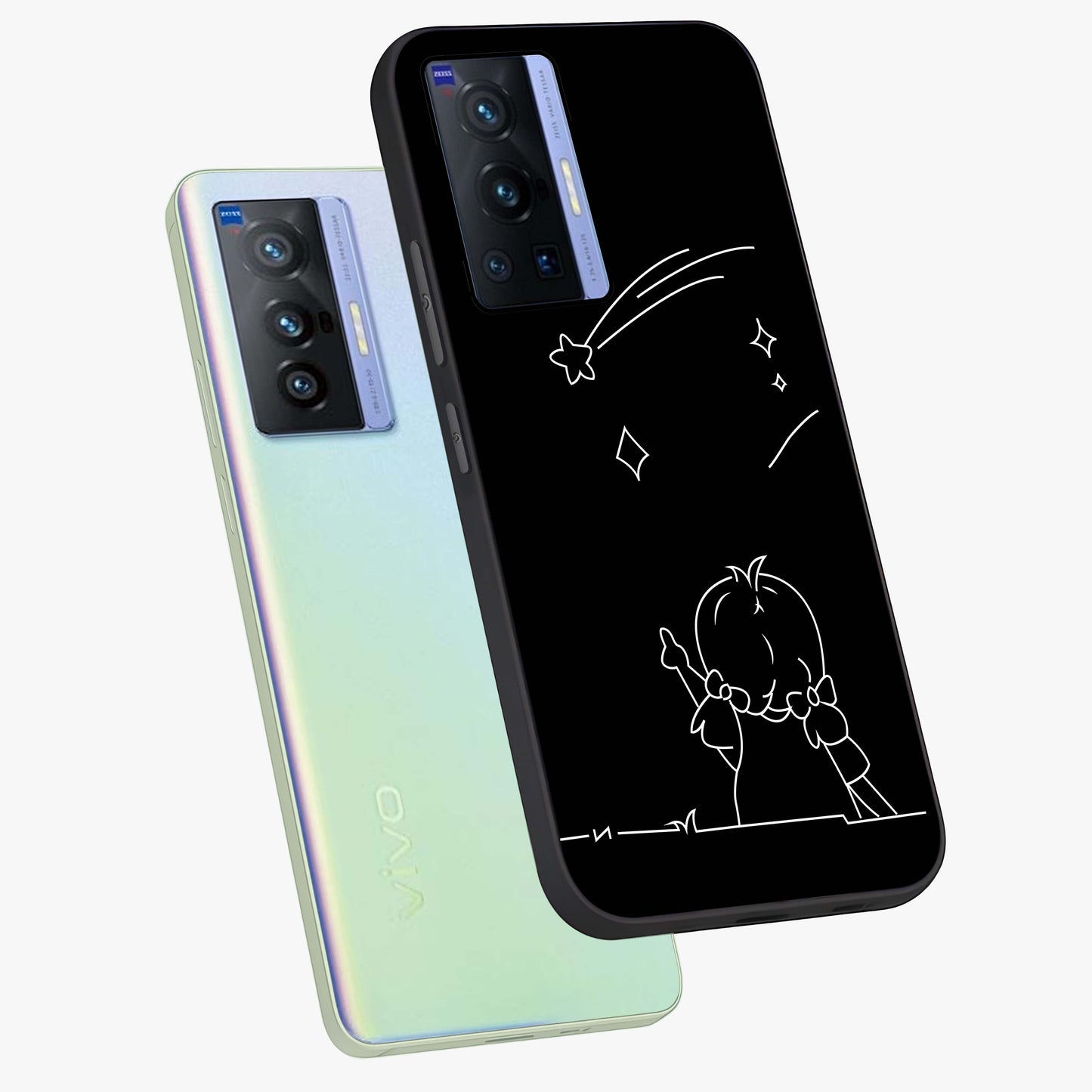 Line Art Girl With Shooting Stars Glass Case displayed in angled mockup highlighting elegant line art design with dreamy star aesthetic.