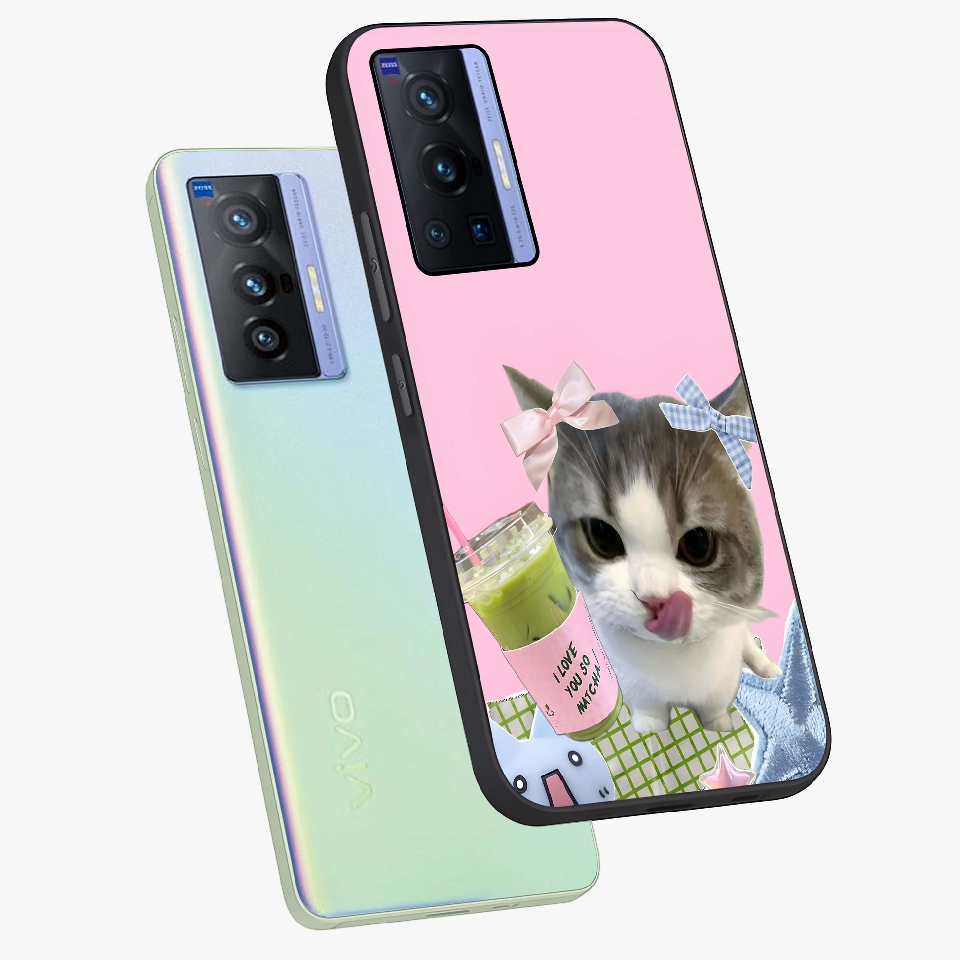 Love Matcha Cat Glass Case displayed in angled mockup highlighting playful feline illustration with cozy matcha aesthetic.