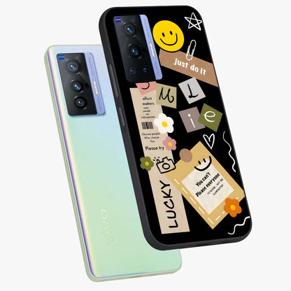Lucky Aesthetic Collage Glass Case displayed in angled mockup highlighting stylish collage pattern with modern aesthetic vibe.