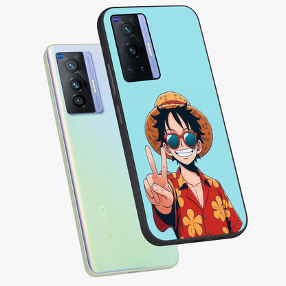 Luffy Summer Anime Vibe Glass Case displayed in angled mockup highlighting energetic anime illustration with summer vibe aesthetic.