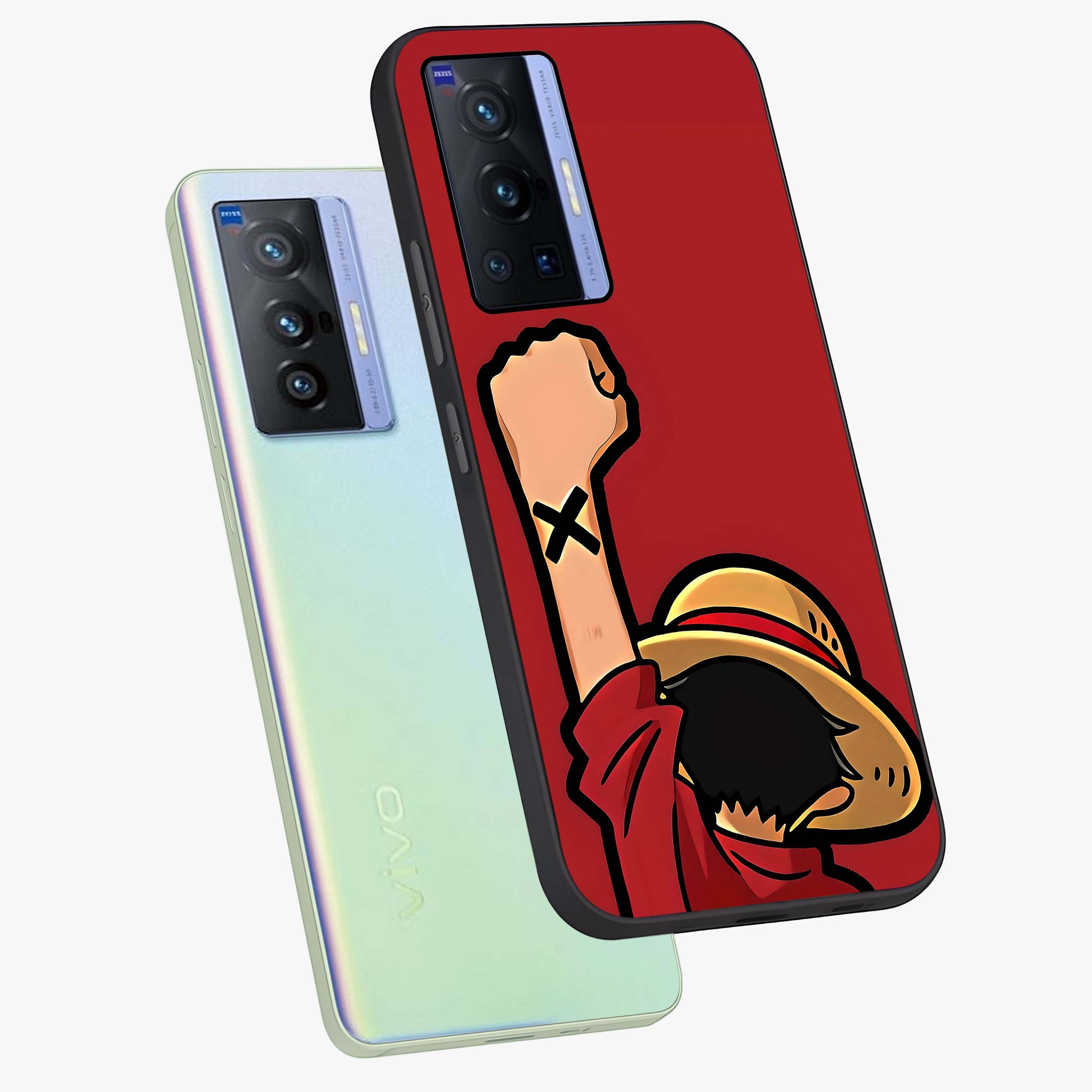 Luffy X Spirit Glass Case displayed in angled mockup highlighting powerful anime design with energetic action aesthetic.