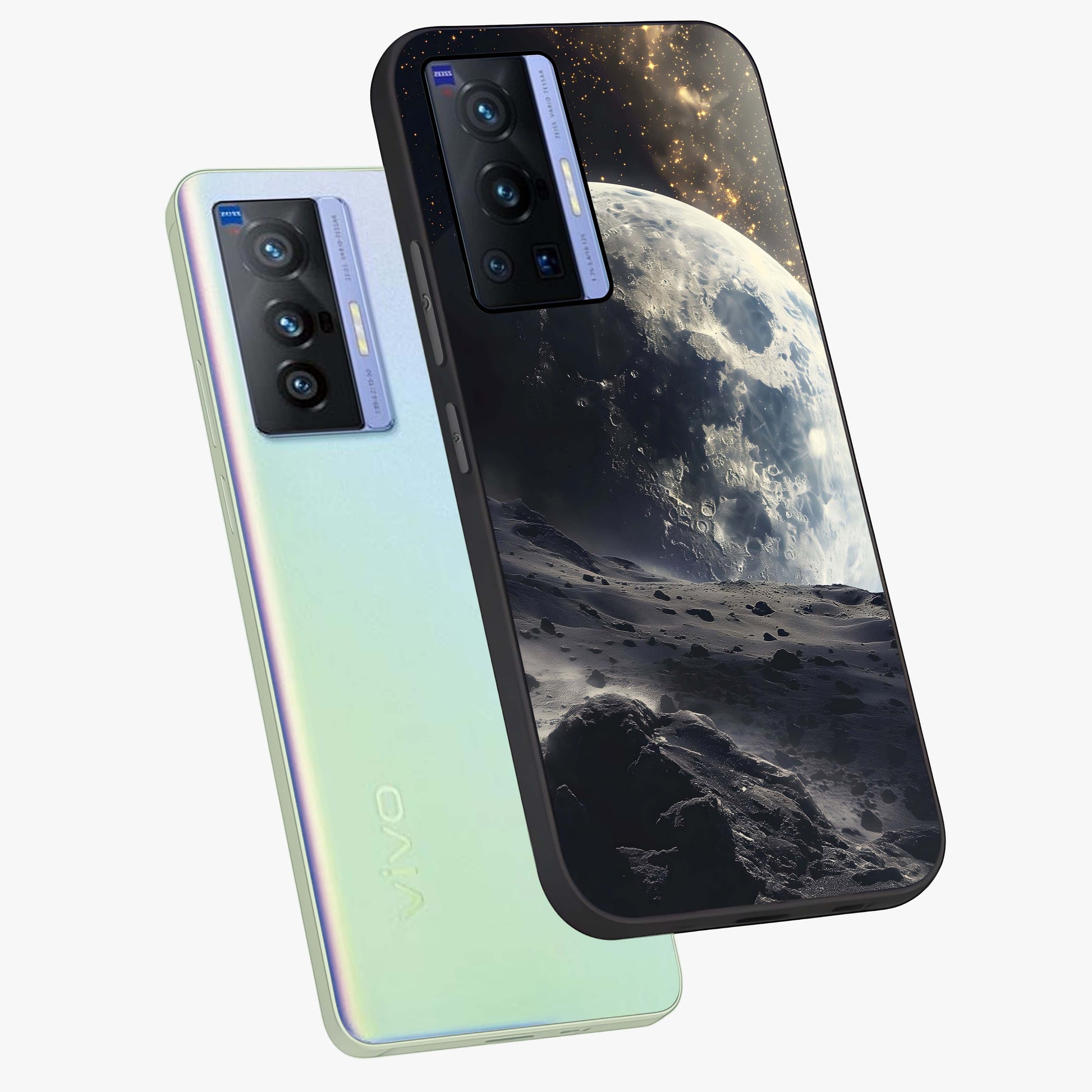 Lunar Horizon Glow Glass Case displayed in angled mockup highlighting celestial moon design with dreamy night aesthetic.