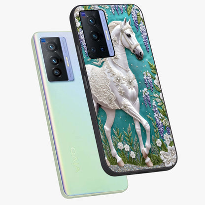 Majestic Floral Stallion Glass Case displayed in angled mockup highlighting majestic stallion illustration with elegant floral aesthetic.