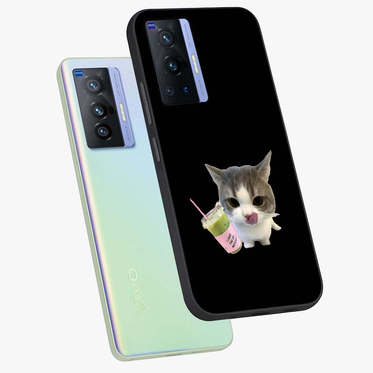 Matcha Cat Style Glass Case displayed in angled mockup highlighting playful feline design with pastel matcha aesthetic.