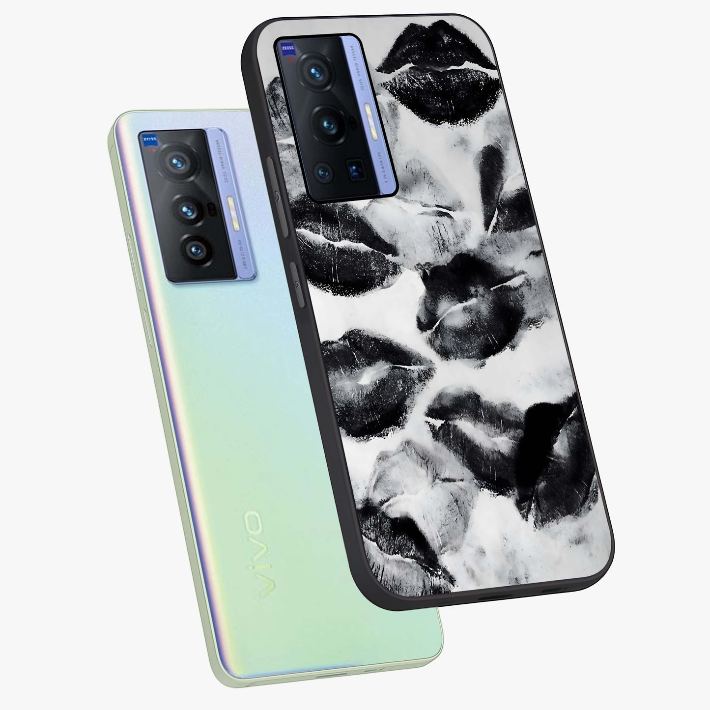 Midnight Kiss Marks Glass Case displayed in angled mockup highlighting playful romantic design with bold midnight aesthetic.