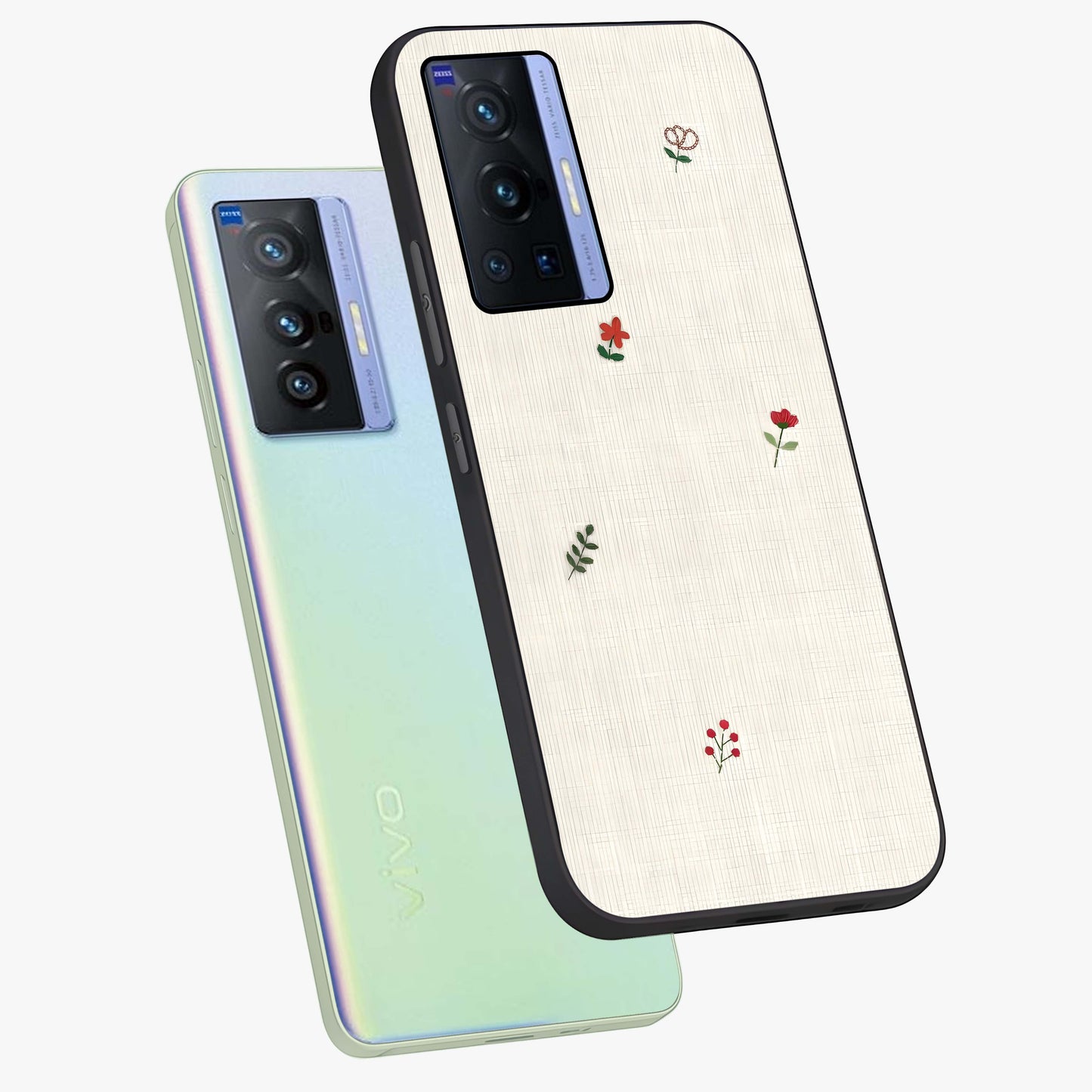 Minimal Petal Whispers Glass Case displayed in angled mockup highlighting delicate petal design with clean minimal aesthetic.