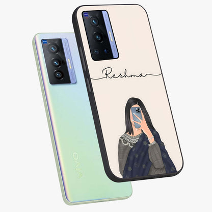 Mirror Mood Muse With Custom Name Glass Case displayed in angled mockup highlighting aesthetic mirror inspired design with custom name feature.