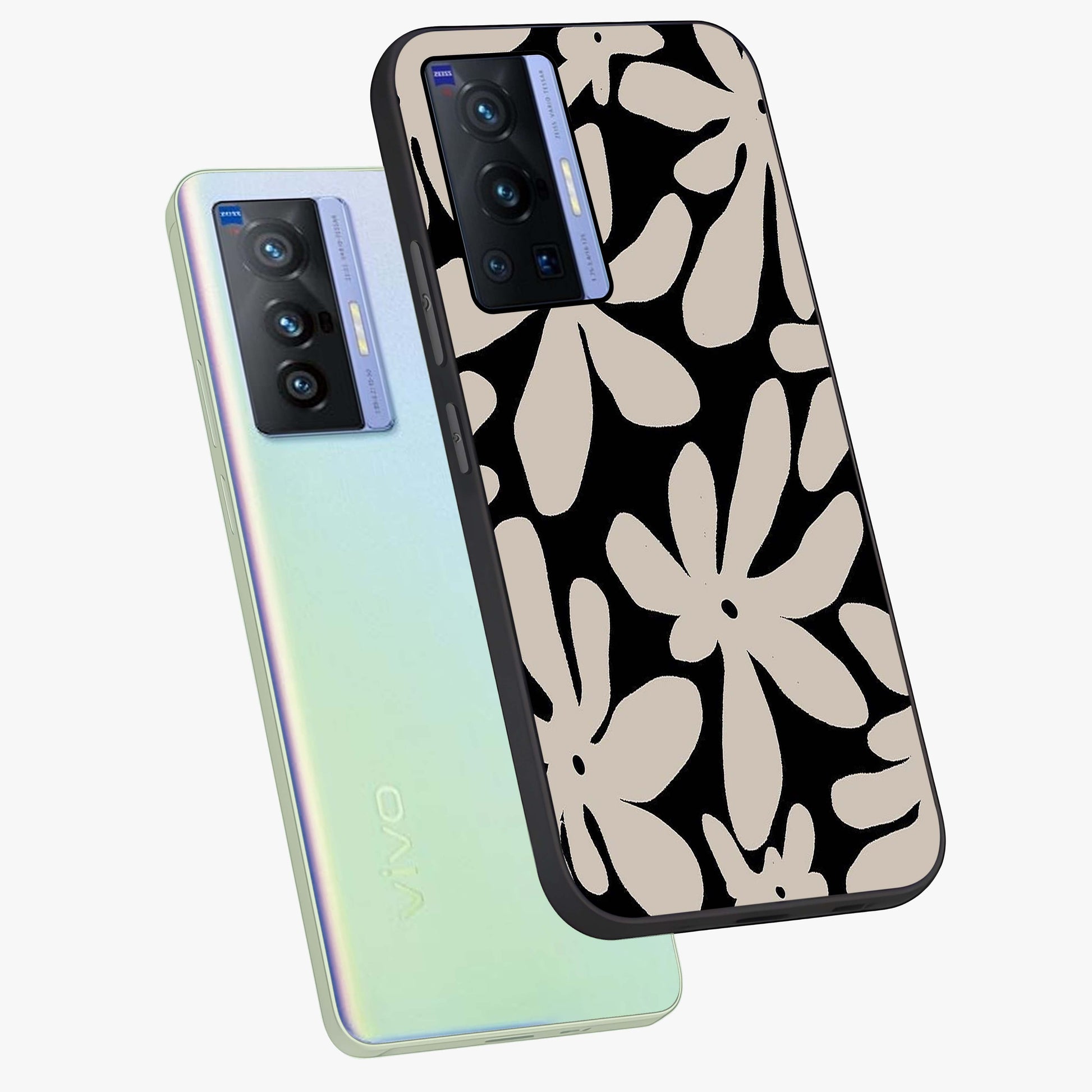 Monochrome Petal Dance Glass Case displayed in angled mockup highlighting elegant petal design with black and white aesthetic.