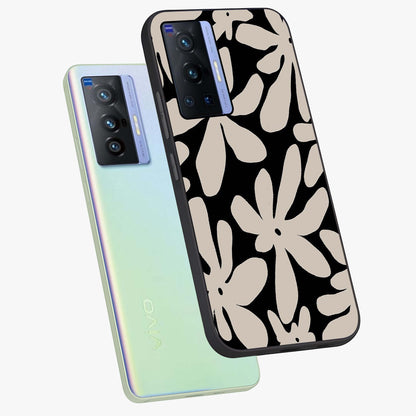 Monochrome Petal Dance Glass Case displayed in angled mockup highlighting elegant petal design with black and white aesthetic.