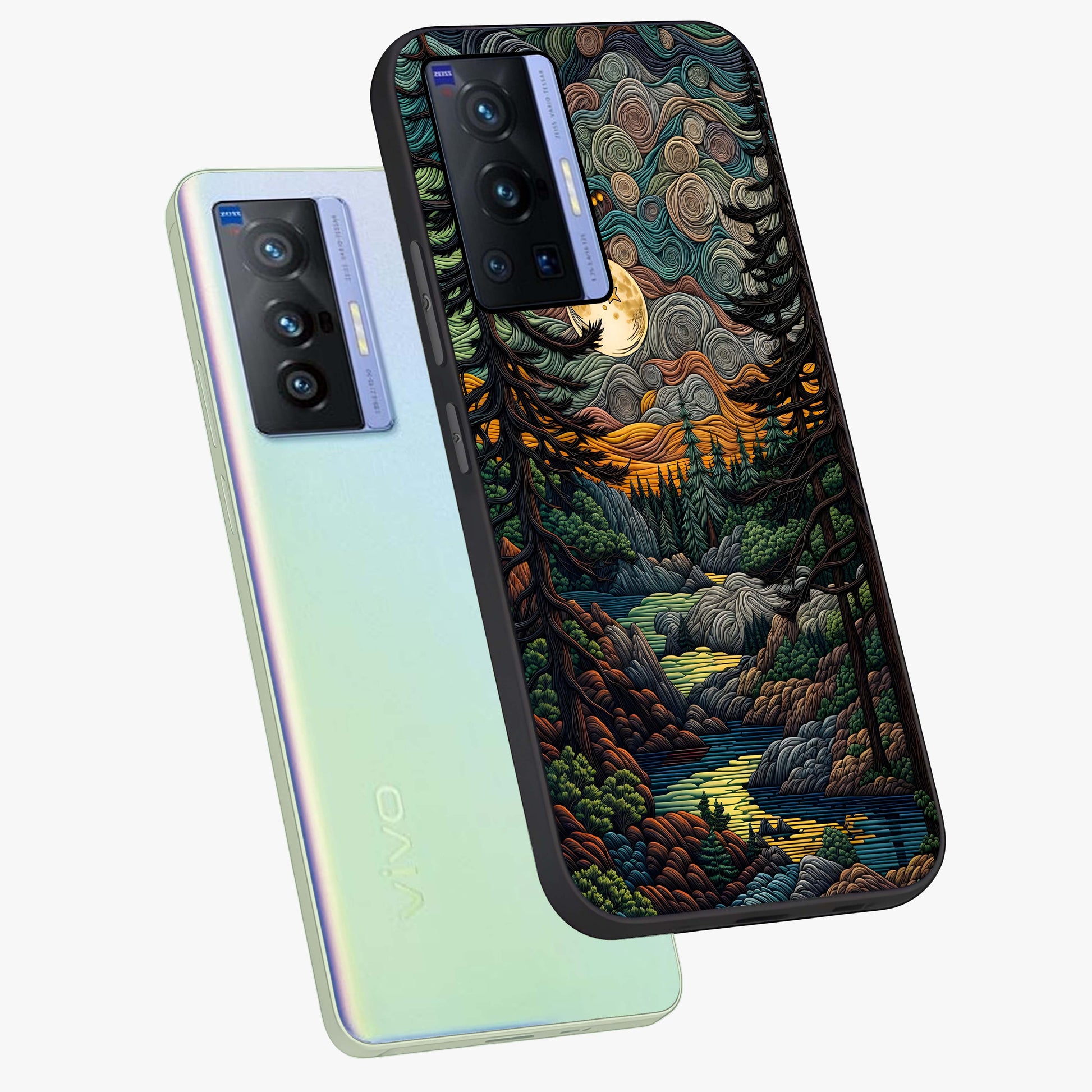 Moonlight Forest Dream Glass Case displayed in angled mockup highlighting dreamy forest design with glowing moon aesthetic.
