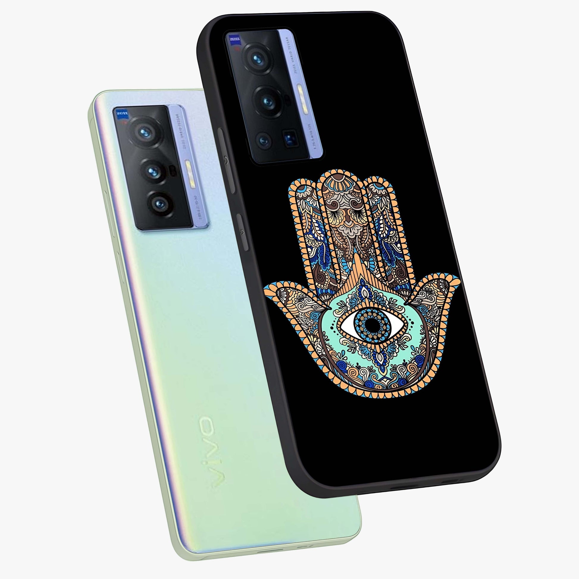 Mystic Hamsa Eye Glass Case displayed in angled mockup highlighting spiritual hamsa symbol with mystical aesthetic style.