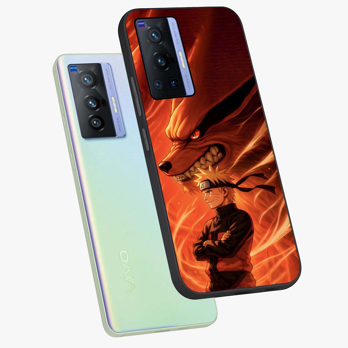 Nine Tails Legacy Glass Case displayed in angled mockup highlighting dynamic anime beast illustration with bold mystical aesthetic.
