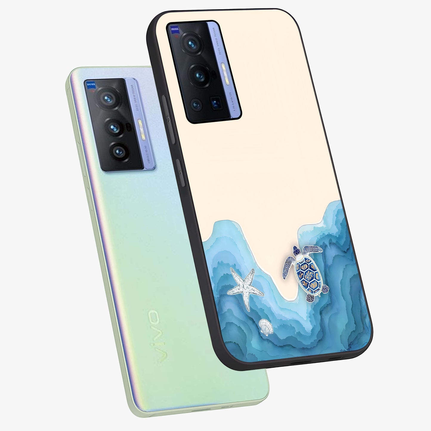 Ocean Drift Turtle Glass Case displayed in angled mockup highlighting peaceful ocean turtle illustration with marine aesthetic.
