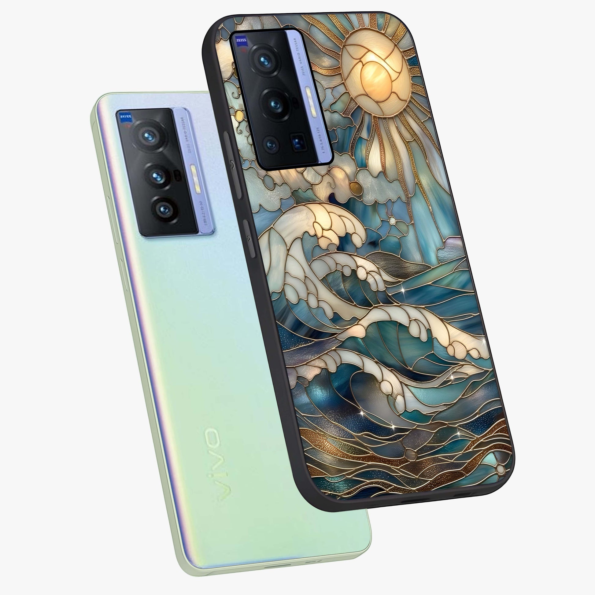 Oceanic Stained Printed Glass Case displayed in angled mockup highlighting colorful aquatic design with artistic aesthetic style.