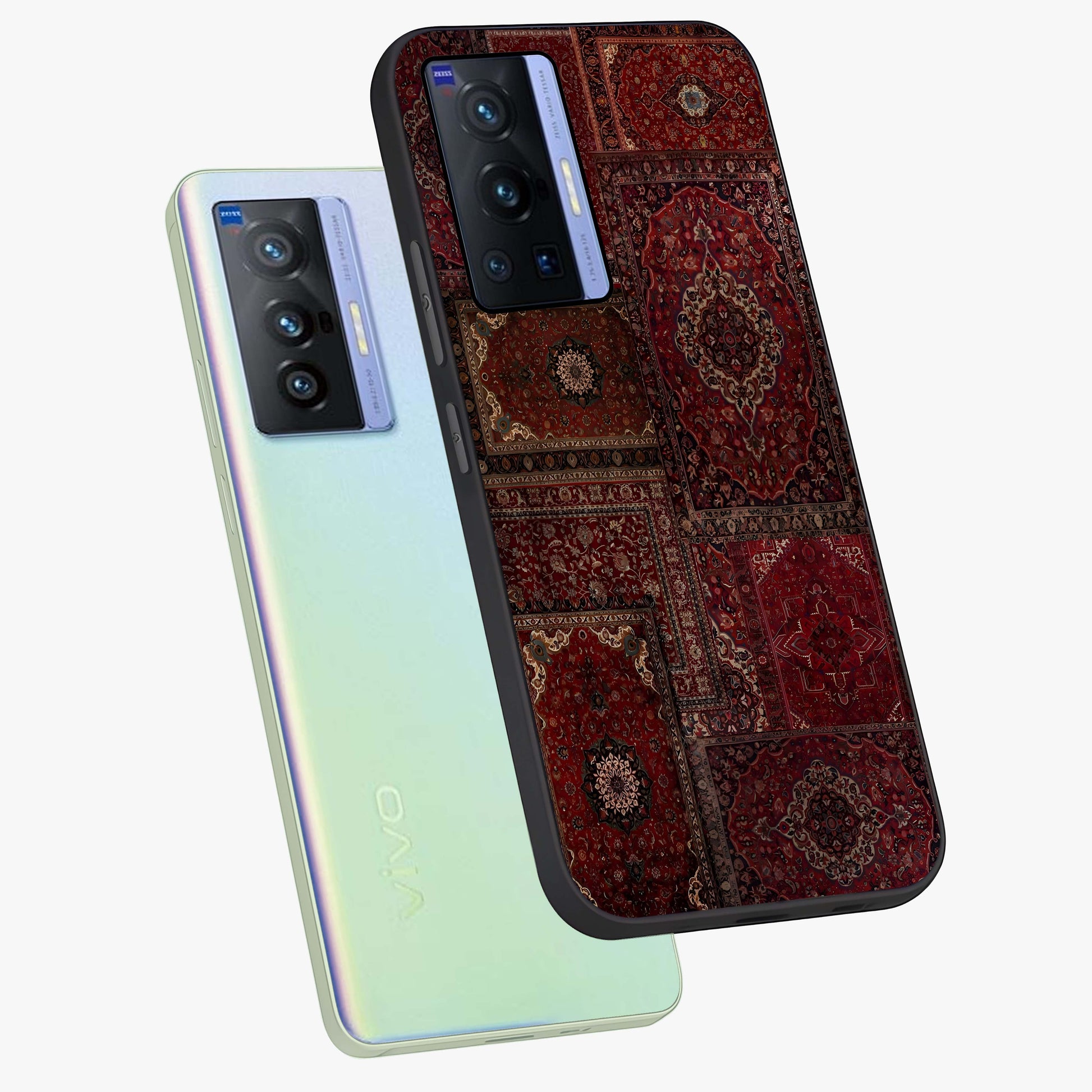 Persian Velvet Tale Glass Case displayed in angled mockup highlighting ornate textile inspired design with royal aesthetic.
