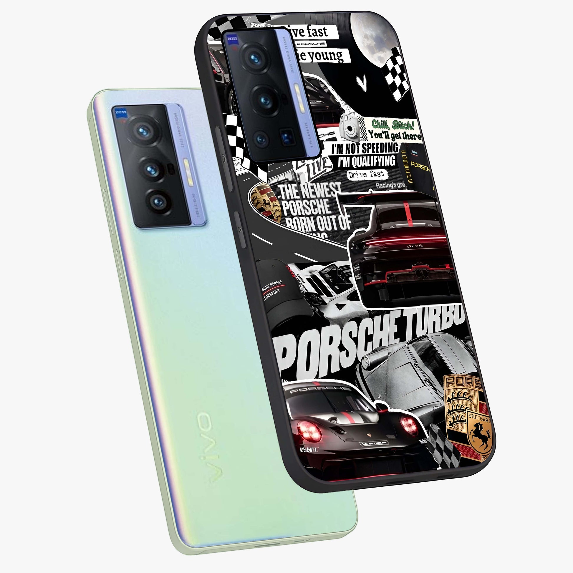 Porsche Racing Collage Glass Case displayed in angled mockup highlighting dynamic automotive design with bold racing aesthetic.