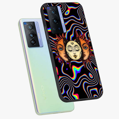Psychedelic Sun Glass Case displayed in angled mockup highlighting vibrant abstract sun design with artistic aesthetic style.