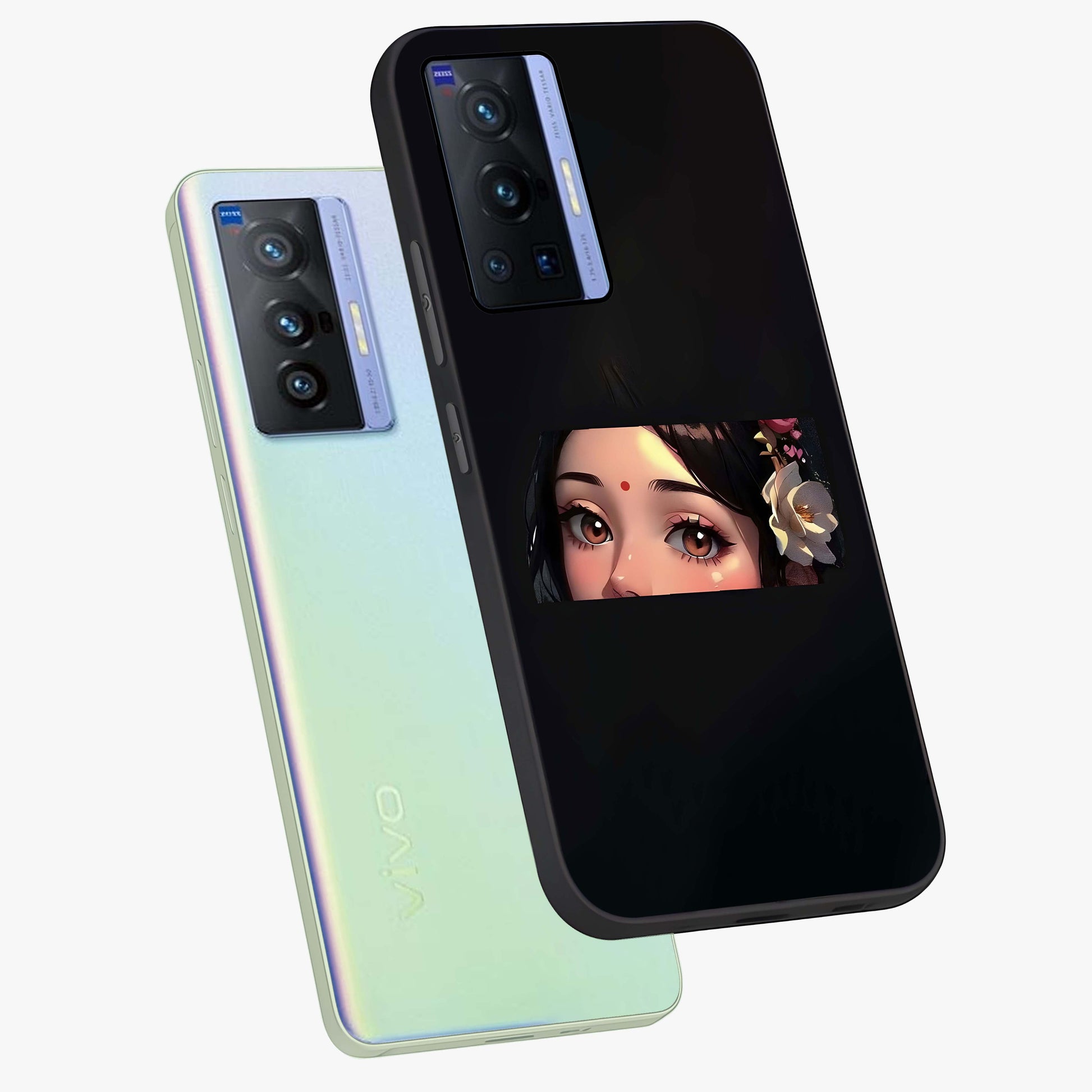 Radha Divine Embrace Glass Case displayed in angled mockup highlighting graceful spiritual illustration with divine aesthetic.