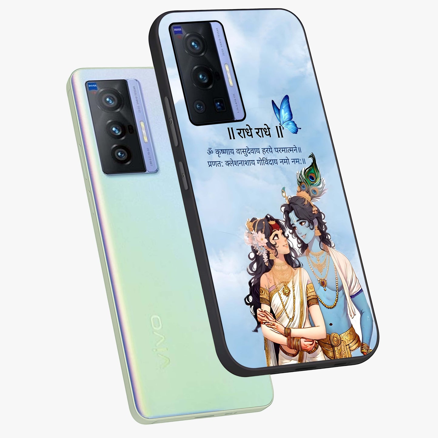 Radha Krishna Eternal Glass Case displayed in angled mockup highlighting divine Radha Krishna illustration with spiritual aesthetic.