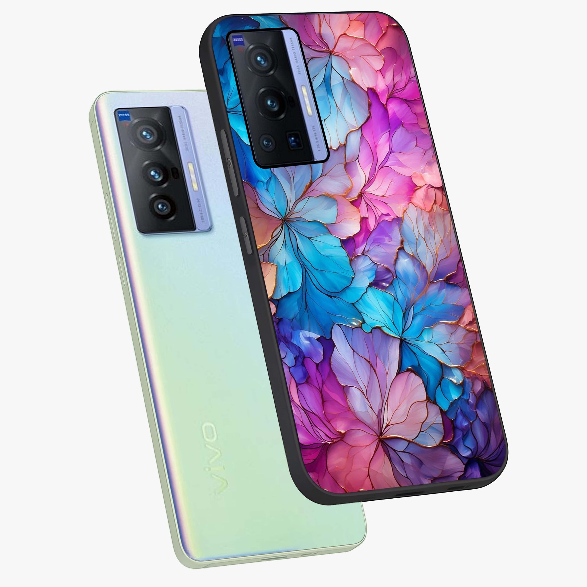 Radiant Floral Whirl Glass Case displayed in angled mockup highlighting vibrant flower pattern with dynamic artistic aesthetic.