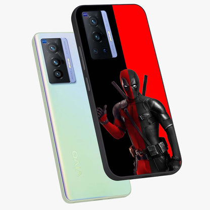 Red & Black Deadpool Theme Glass Case displayed in angled mockup highlighting vibrant superhero style illustration with action aesthetic.