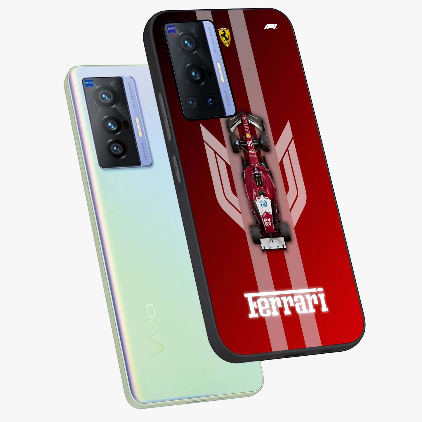 Red Ferrari F1 Vertical Glass Case displayed in angled mockup highlighting high speed racing design with bold automotive aesthetic.