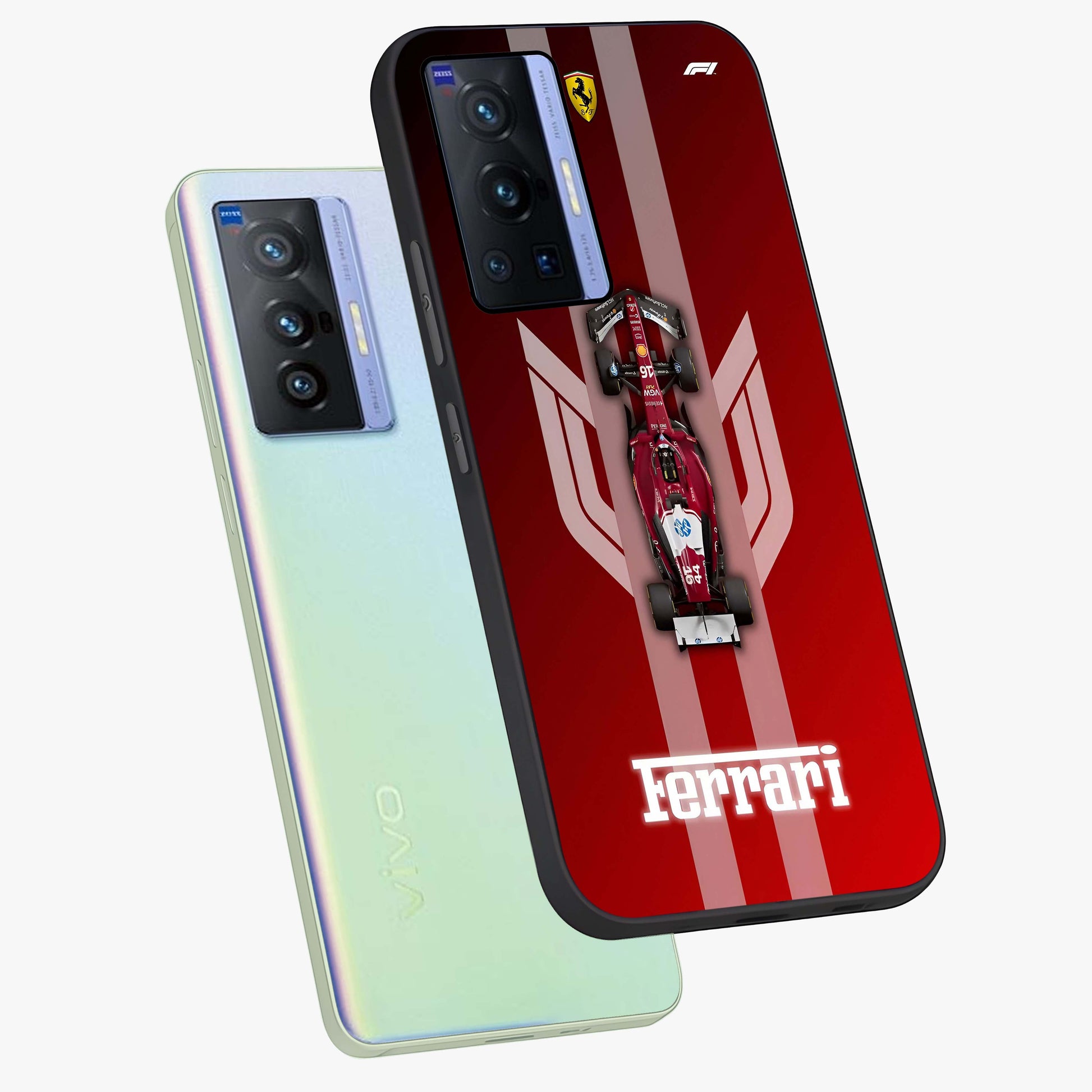 Red Ferrari F1 Vertical Glass Case displayed in angled mockup highlighting high speed racing design with bold automotive aesthetic.