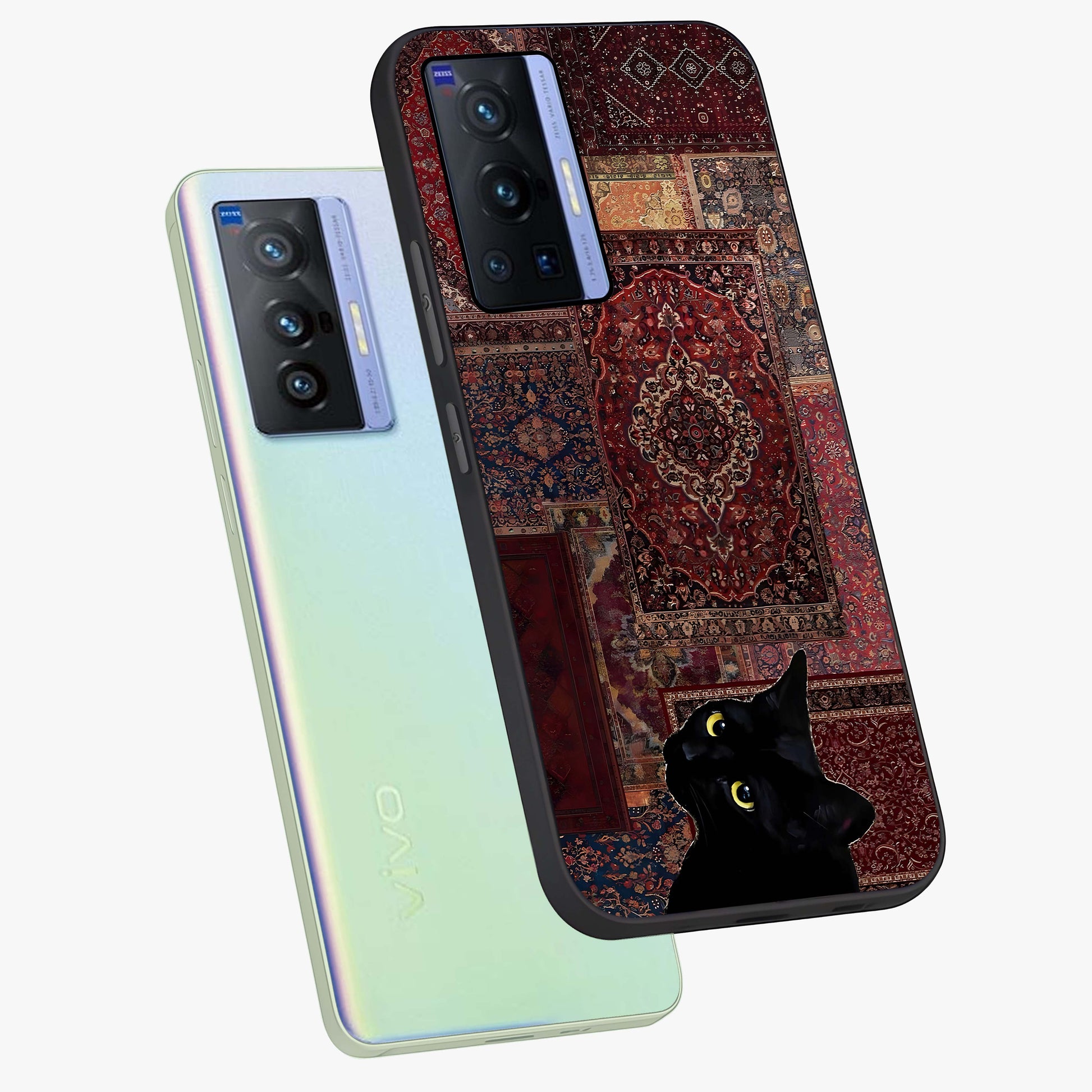 Regal Magic Cat Apple Glass Case displayed in angled mockup highlighting whimsical feline design with fantasy aesthetic.